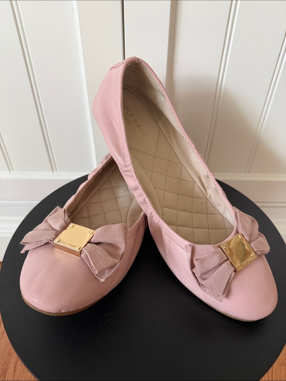 Cole Haan Blush Pink Bow Ballet Flats with Gold Accent